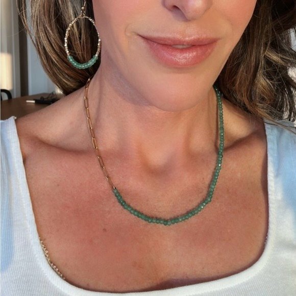 BUNDLE EARRING AND NECKLACE Green Aventurine Sparkly hoops half paperclip chain - Picture 15 of 16